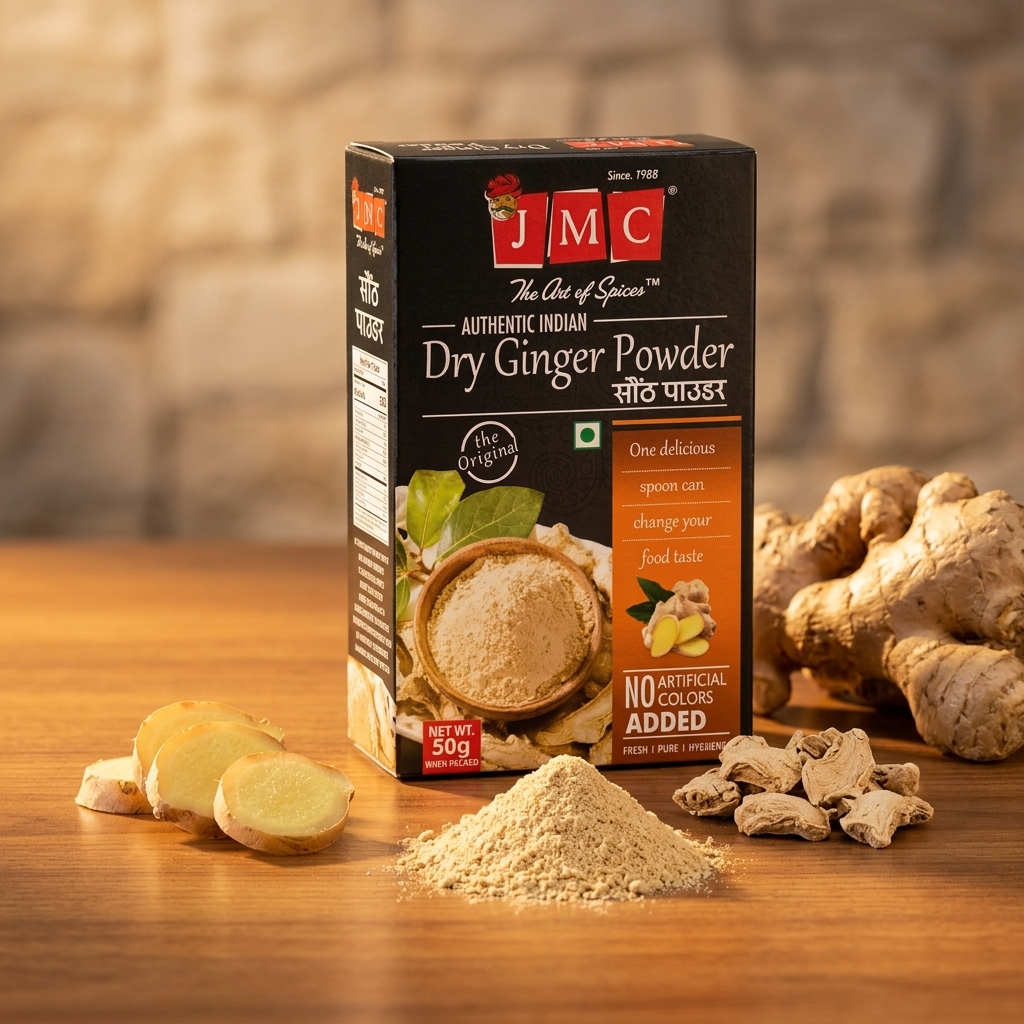 JMC Pure Saunth Dry Ginger Powder On Table With Dry Ginger and Ginger